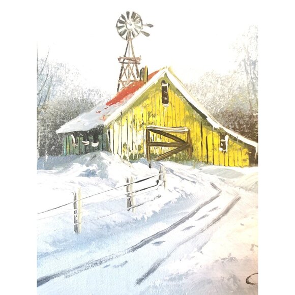 Vintage C. Gibbon Oil Painting Winter Barn Snow Scene Rustic Farmhouse Framed - Picture 2 of 10